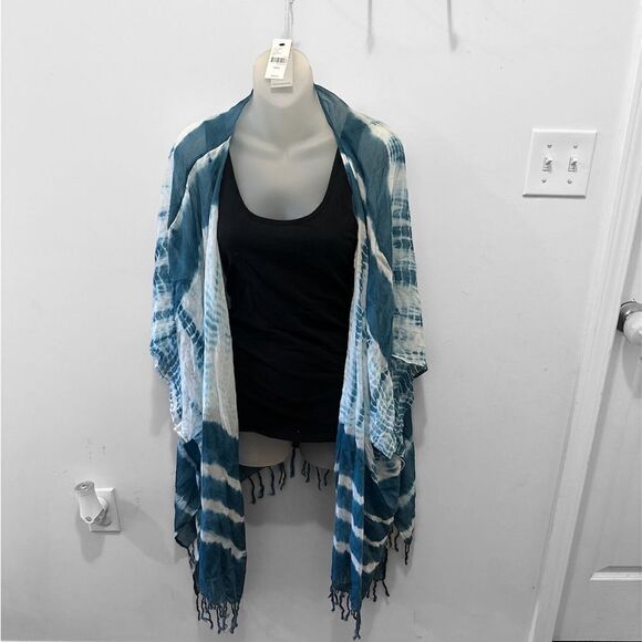Lane Bryant One Size Shawl Lapel Open Front Turquoise White Boho Hippie NWT - Picture 1 of 6